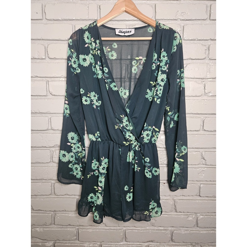 Meghan Los Angeles Women Romper Medium Green Floral Long Sleeve Wrap V Neck Boho